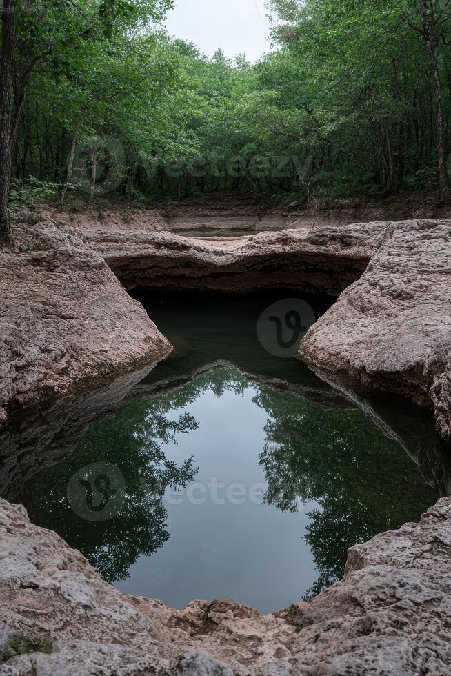 Reflective still water in a natural rock pool surrounded by lush forest photo