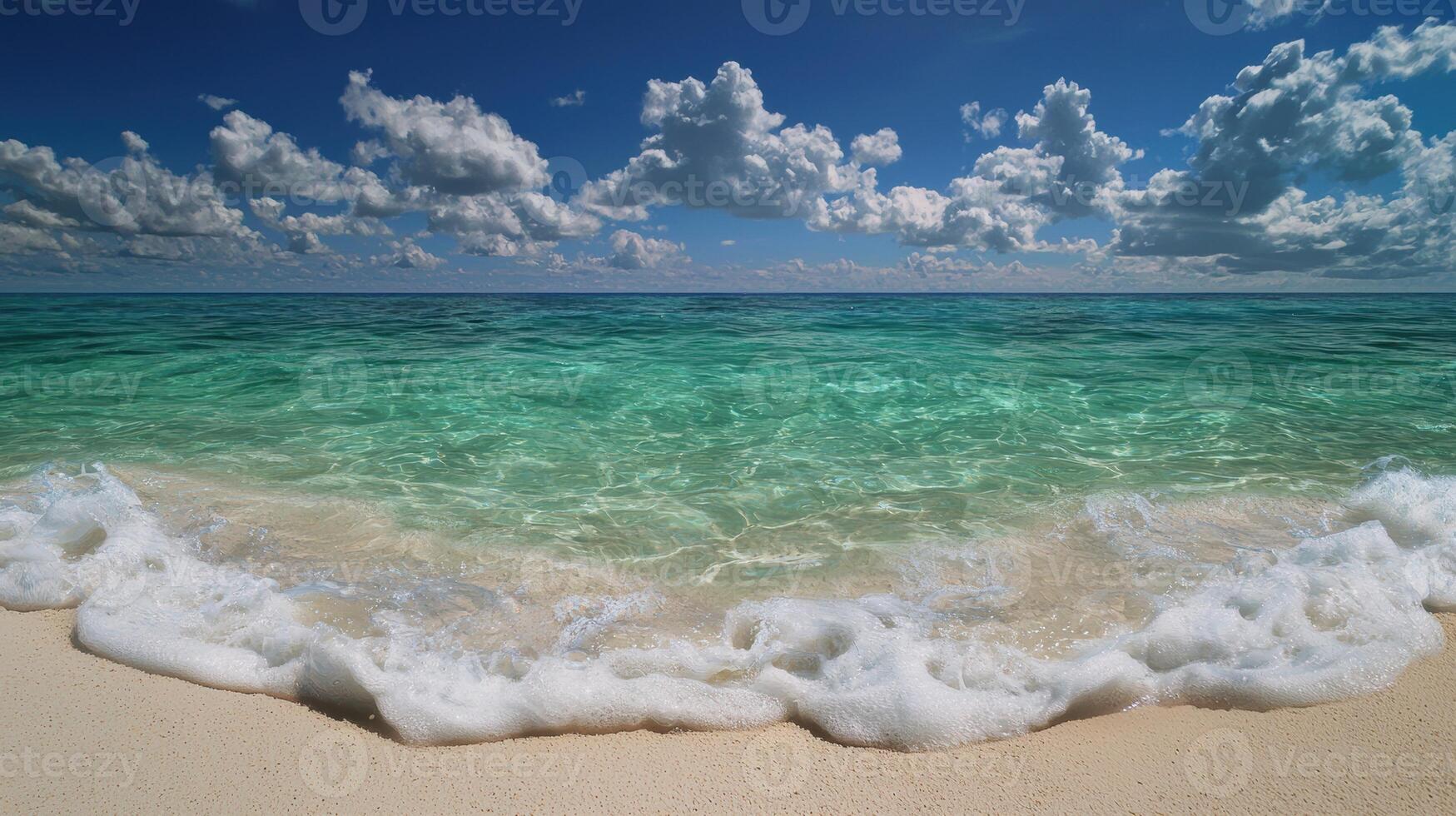 Turquoise ocean waves gently lapping on a pristine sandy beach under a bright sunny sky photo