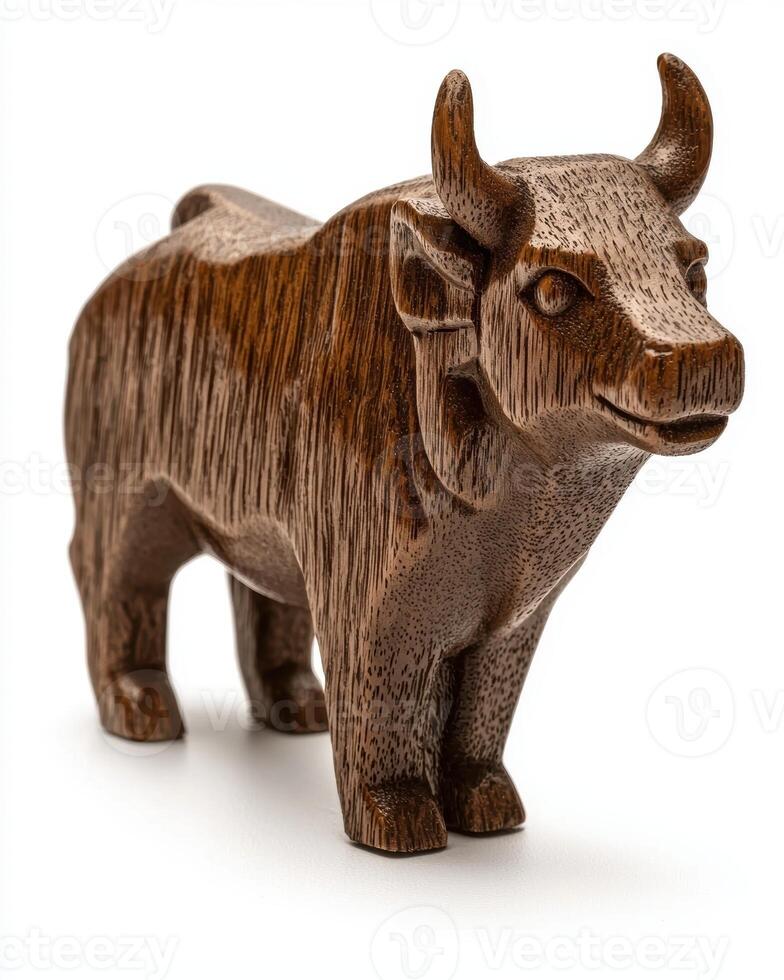 Wooden bull figurine isolated on white background photo