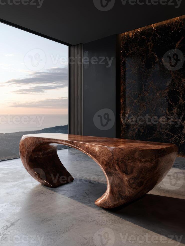 Modern luxury wooden table with ocean view photo