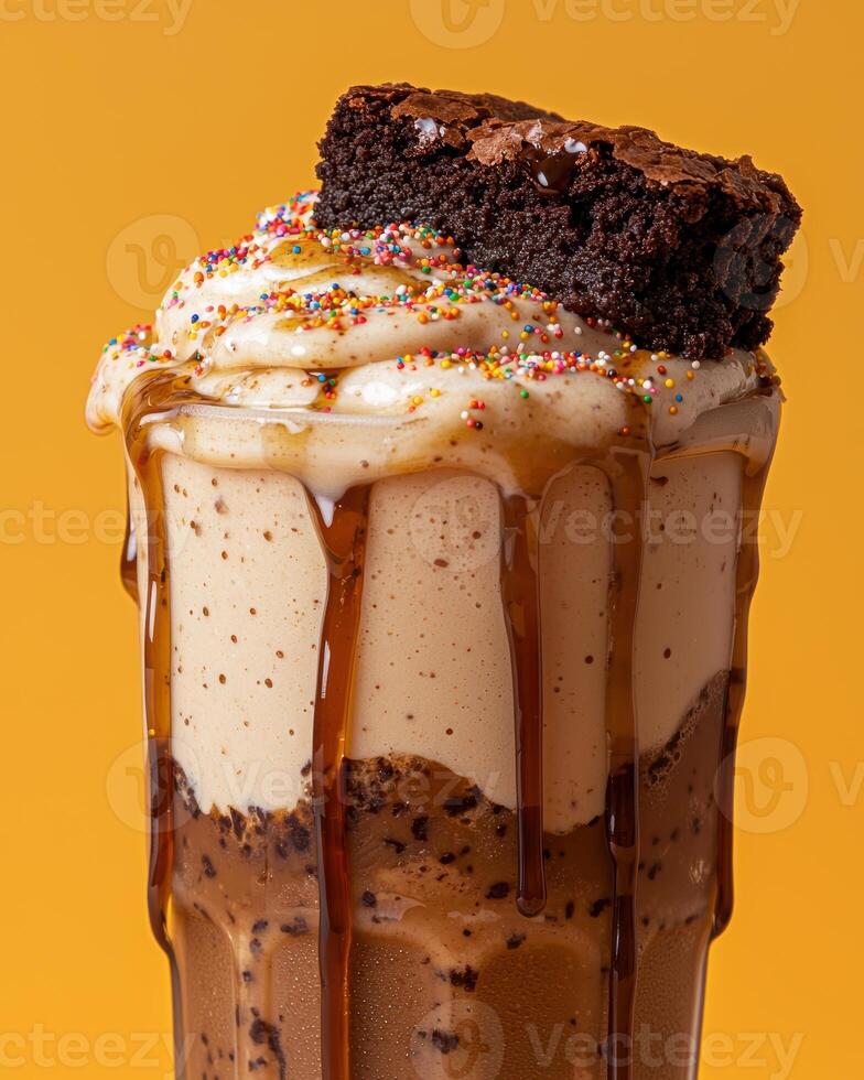 Delicious chocolate brownie milkshake with caramel and sprinkles photo