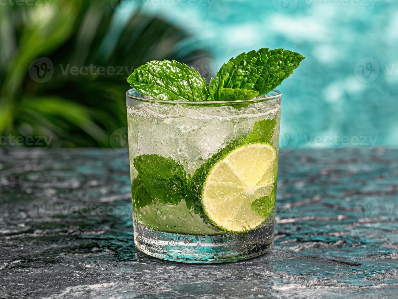 Refreshing summer mojito cocktail in a rocks glass with lime and mint photo