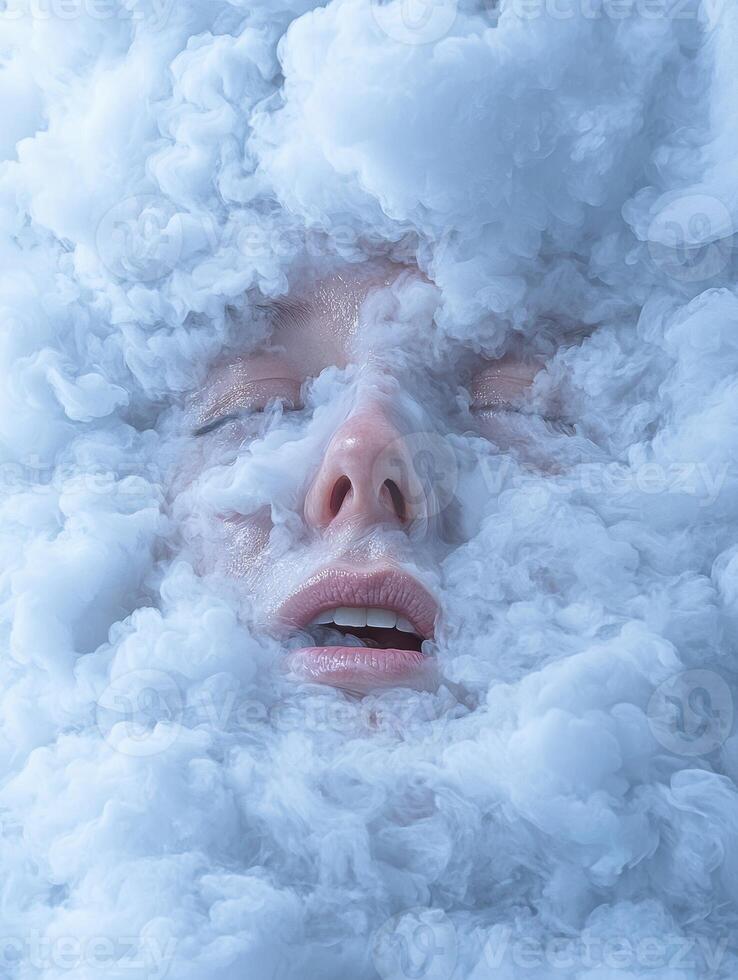 Mysterious womans face obscured by ethereal smoke, surreal portrait photo