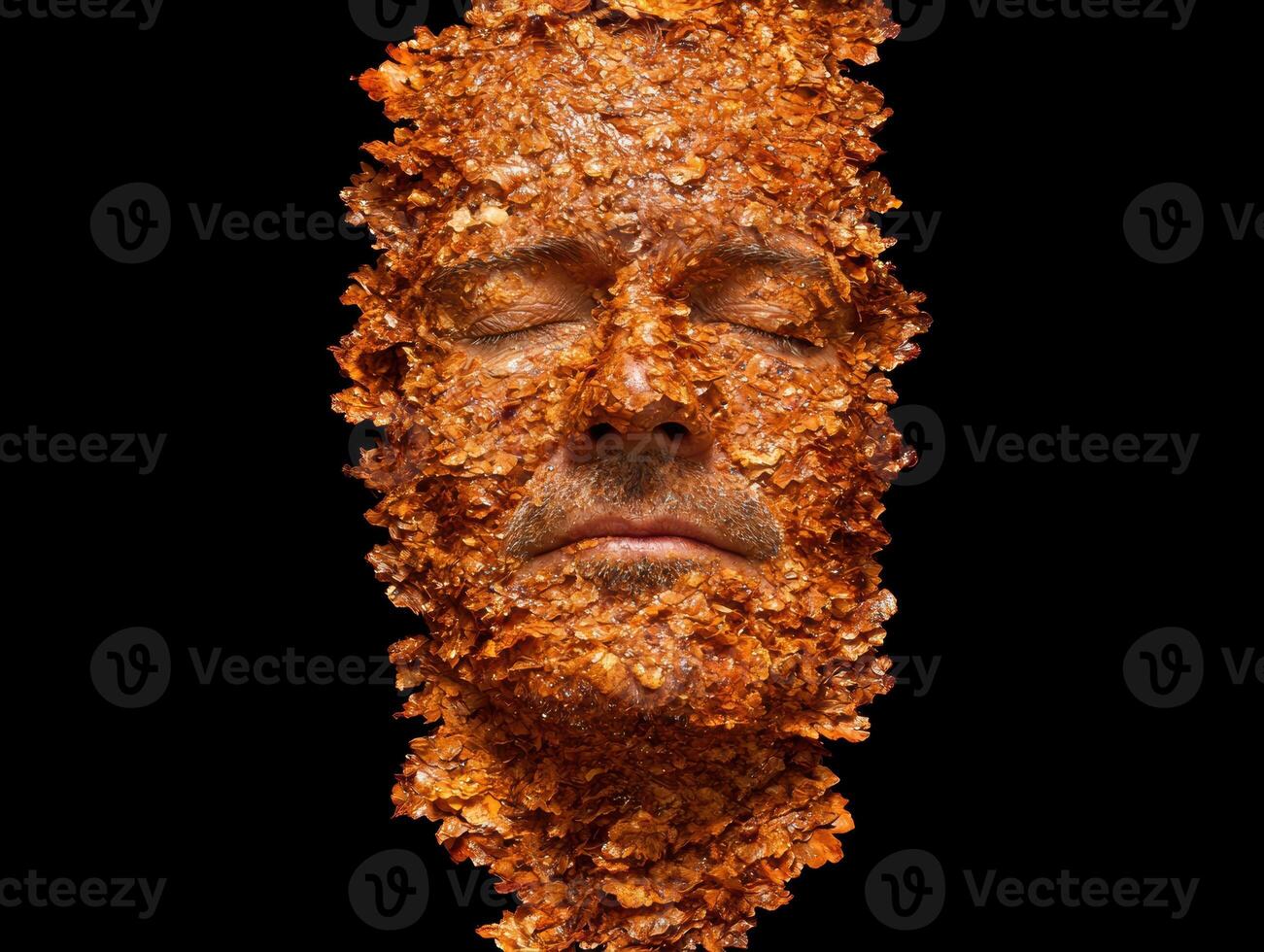 Close up of a mans face covered in autumn leaves photo