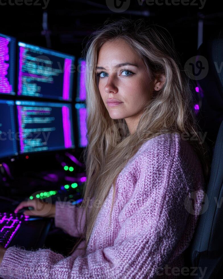 Female programmer working late at night photo