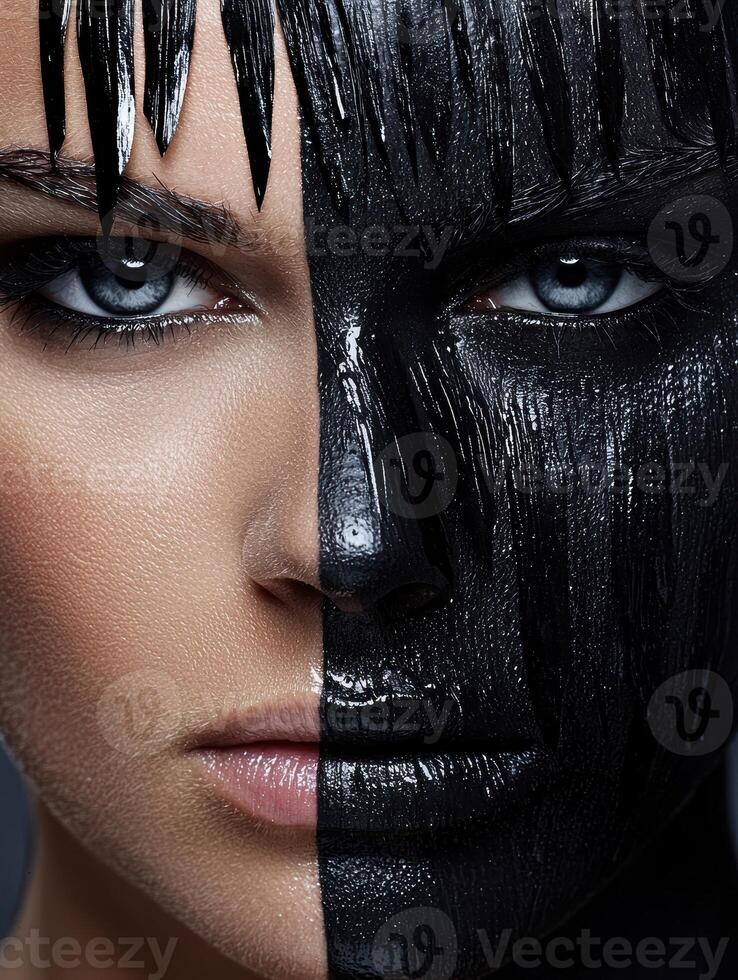 Close up of a womans face with half her face painted black, dramatic makeup, beauty, fashion, cosmetics photo