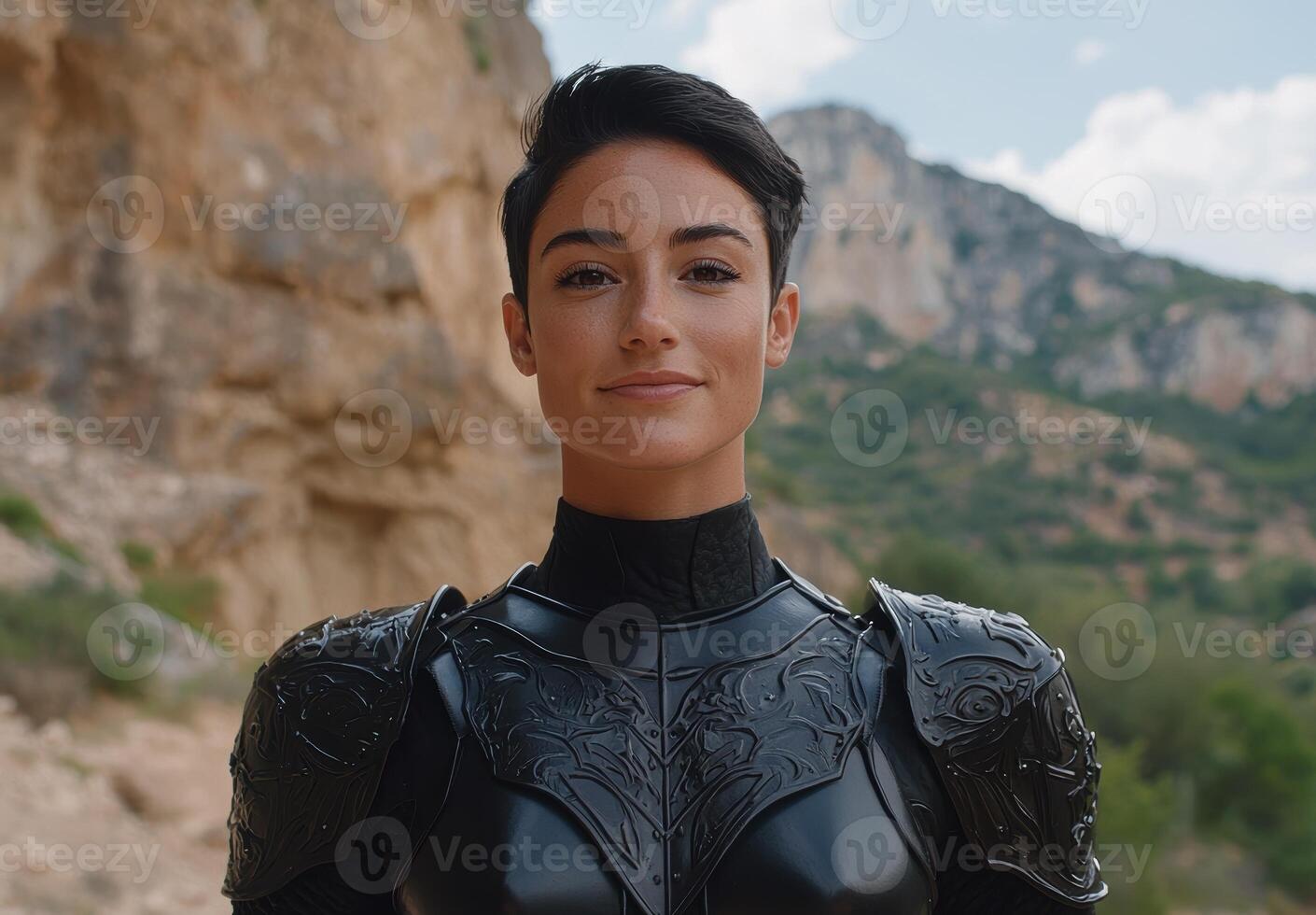 Portrait of a female warrior in black armor, standing against a rocky mountain background photo