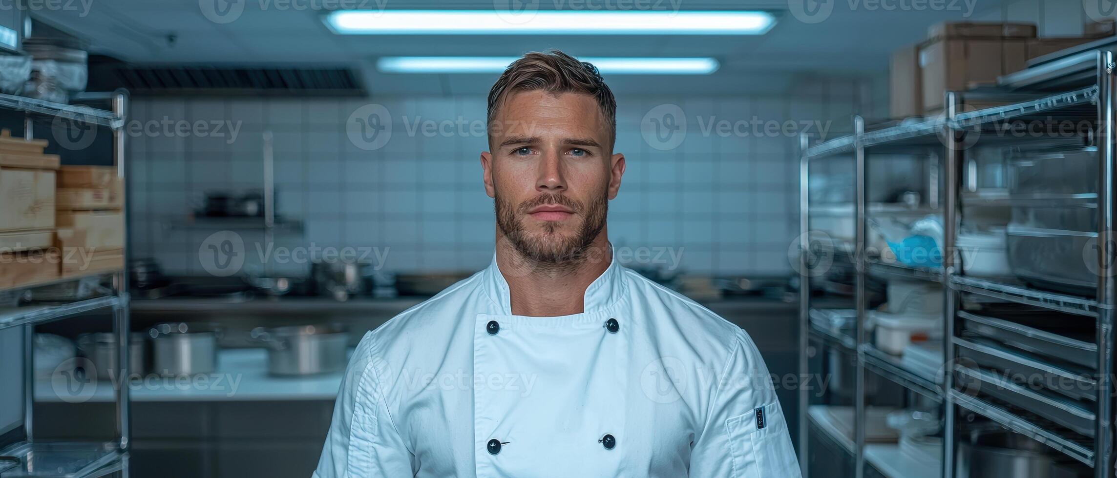 Portrait of a handsome male chef in a professional kitchen photo