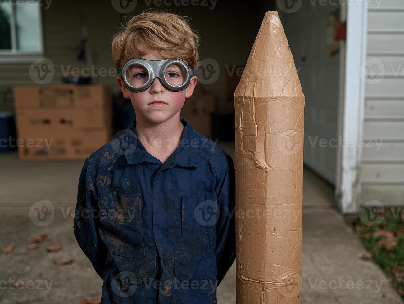 Young boy in goggles stands proudly next to his cardboard rocket photo