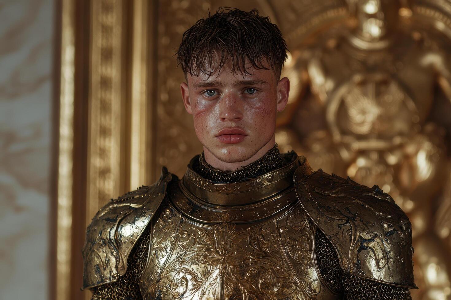 Young man in golden armor, medieval knight, portrait photo