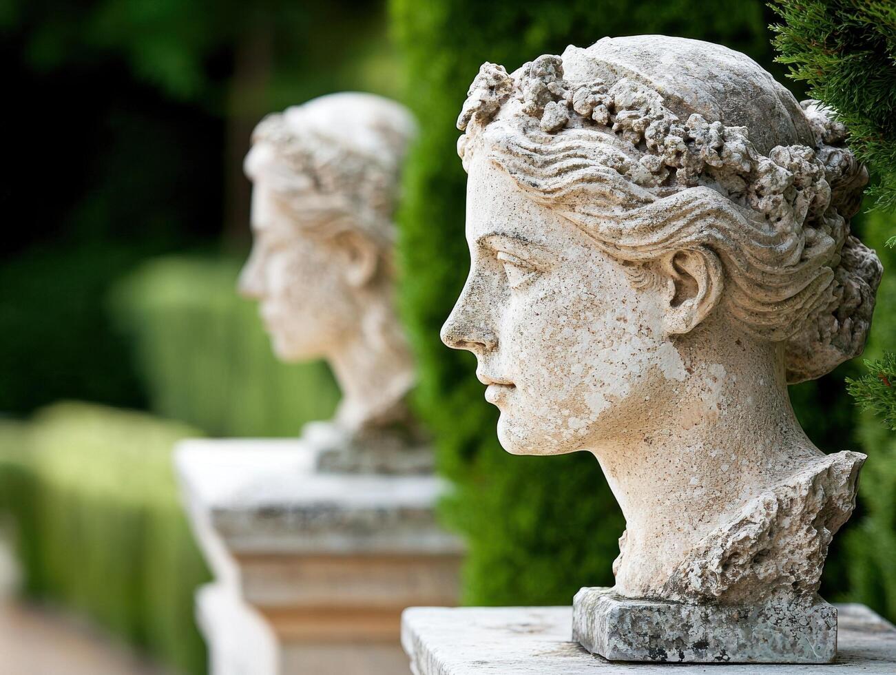 Ancient stone busts in a garden setting photo