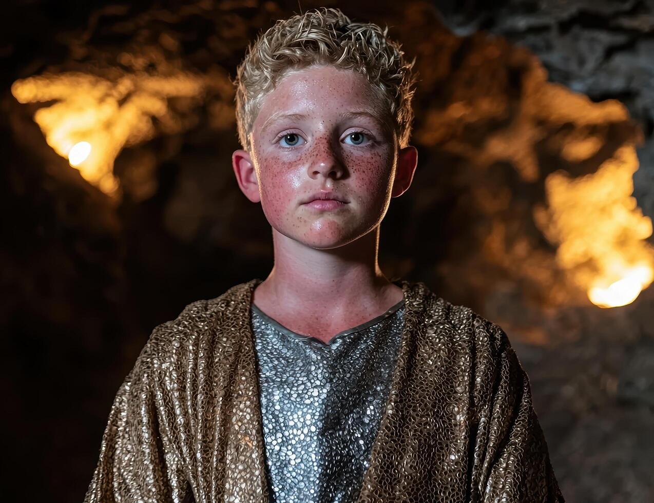 Young boy in a cave, wearing a gold robe and chainmail photo