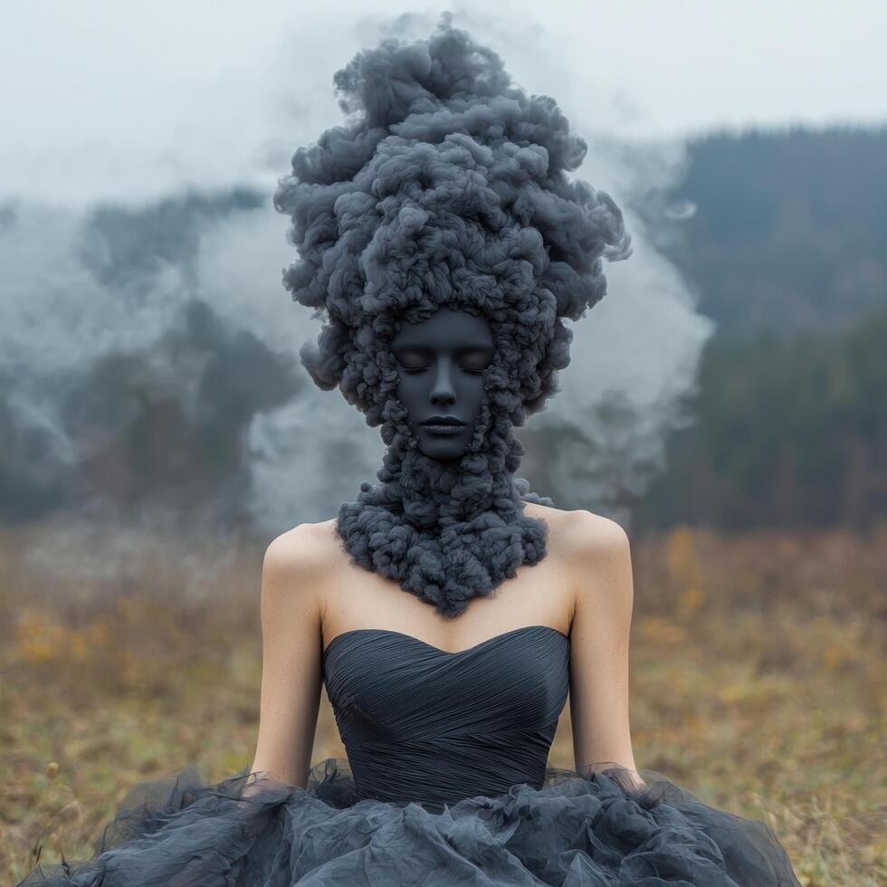 Mysterious woman in a black dress with dark smoke hair and neckpiece photo
