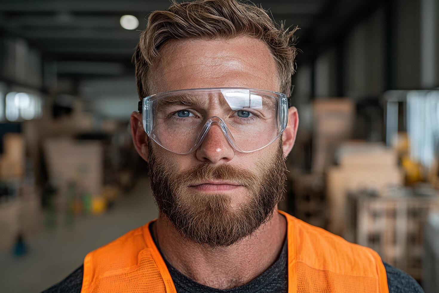 Portrait of a serious construction worker wearing safety glasses photo