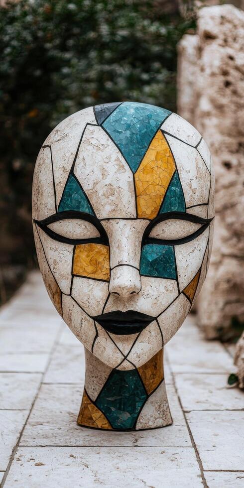 Abstract mosaic head sculpture on stone tile floor photo