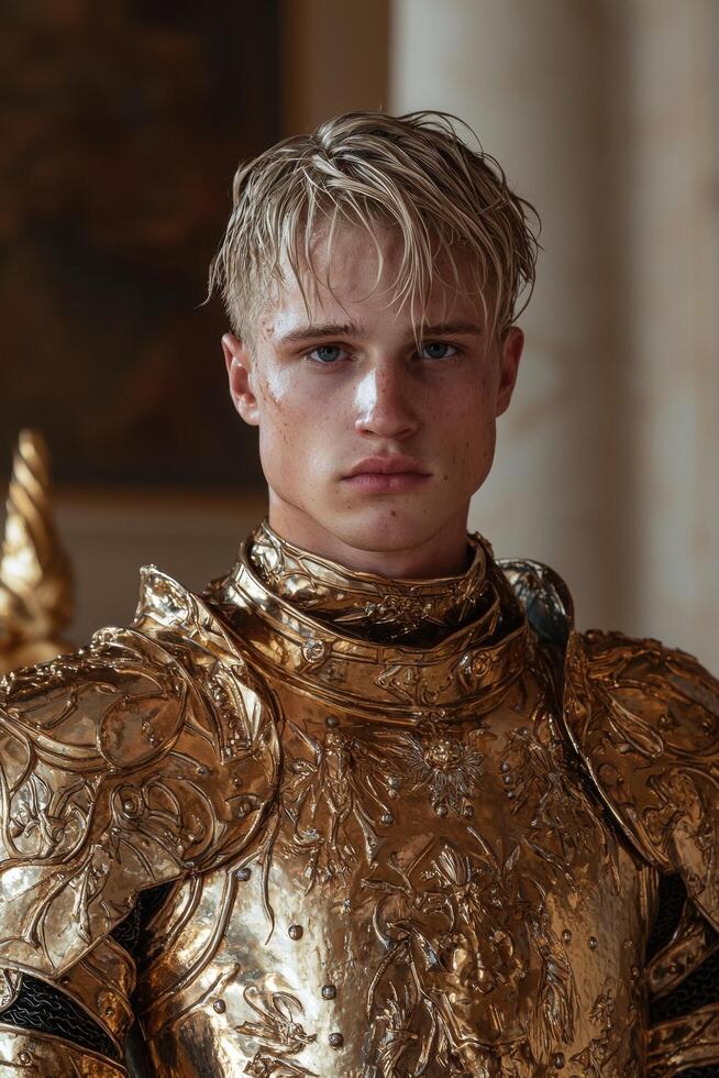 A portrait of a young man in golden armor. photo