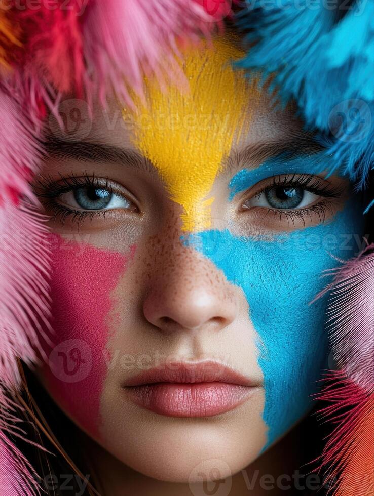Close up portrait of a young woman with colorful face paint and feathers in her hair photo