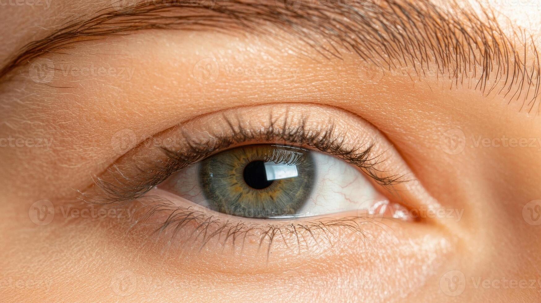Close up of a beautiful green eye with long eyelashes photo
