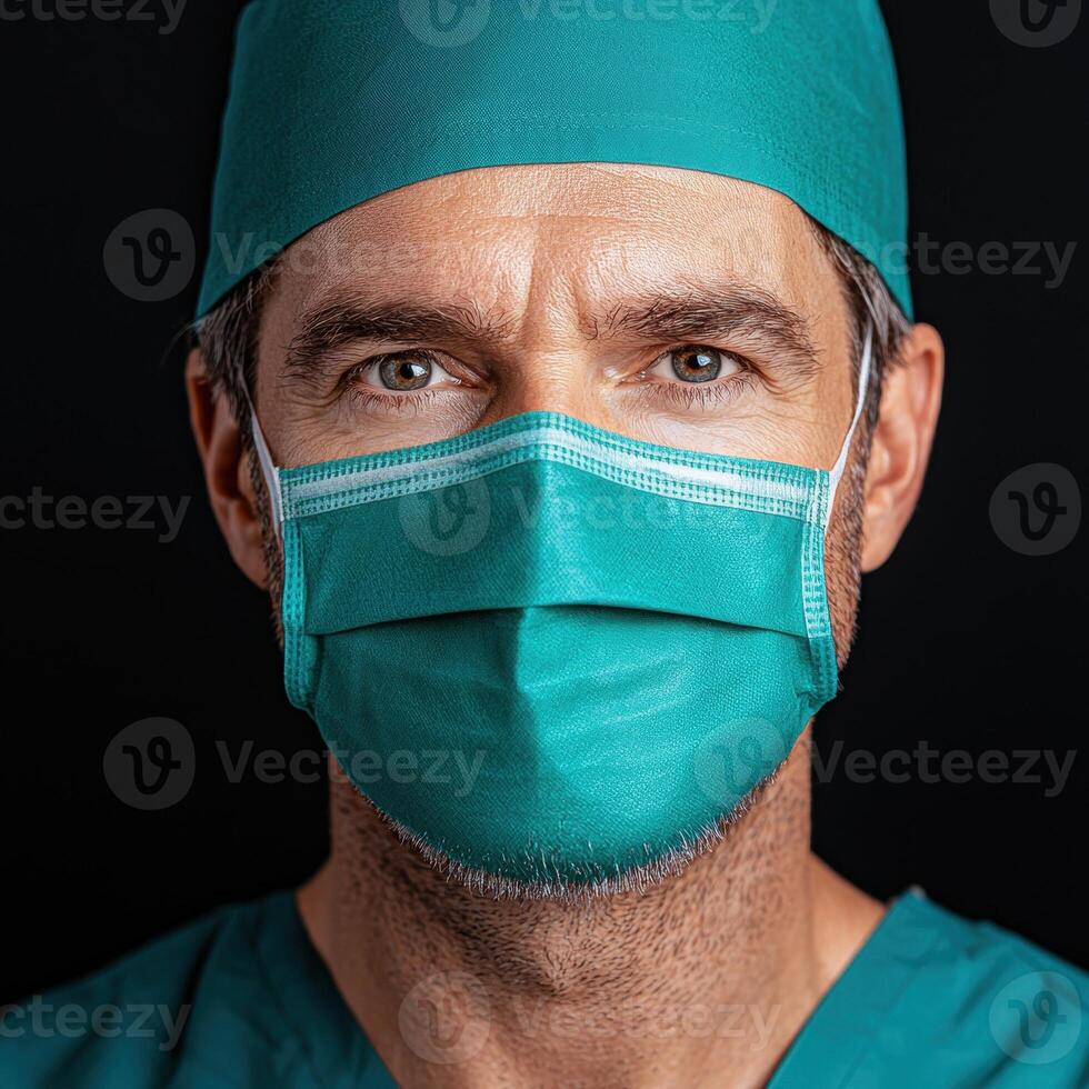 Close up portrait of a doctor wearing a surgical mask and cap photo