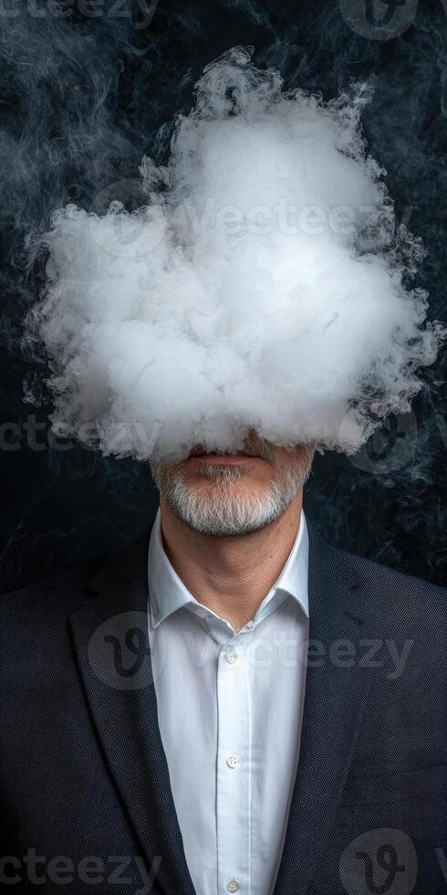 Businessman obscured by a large cloud of vapor, conceptual image of mystery and concealment photo