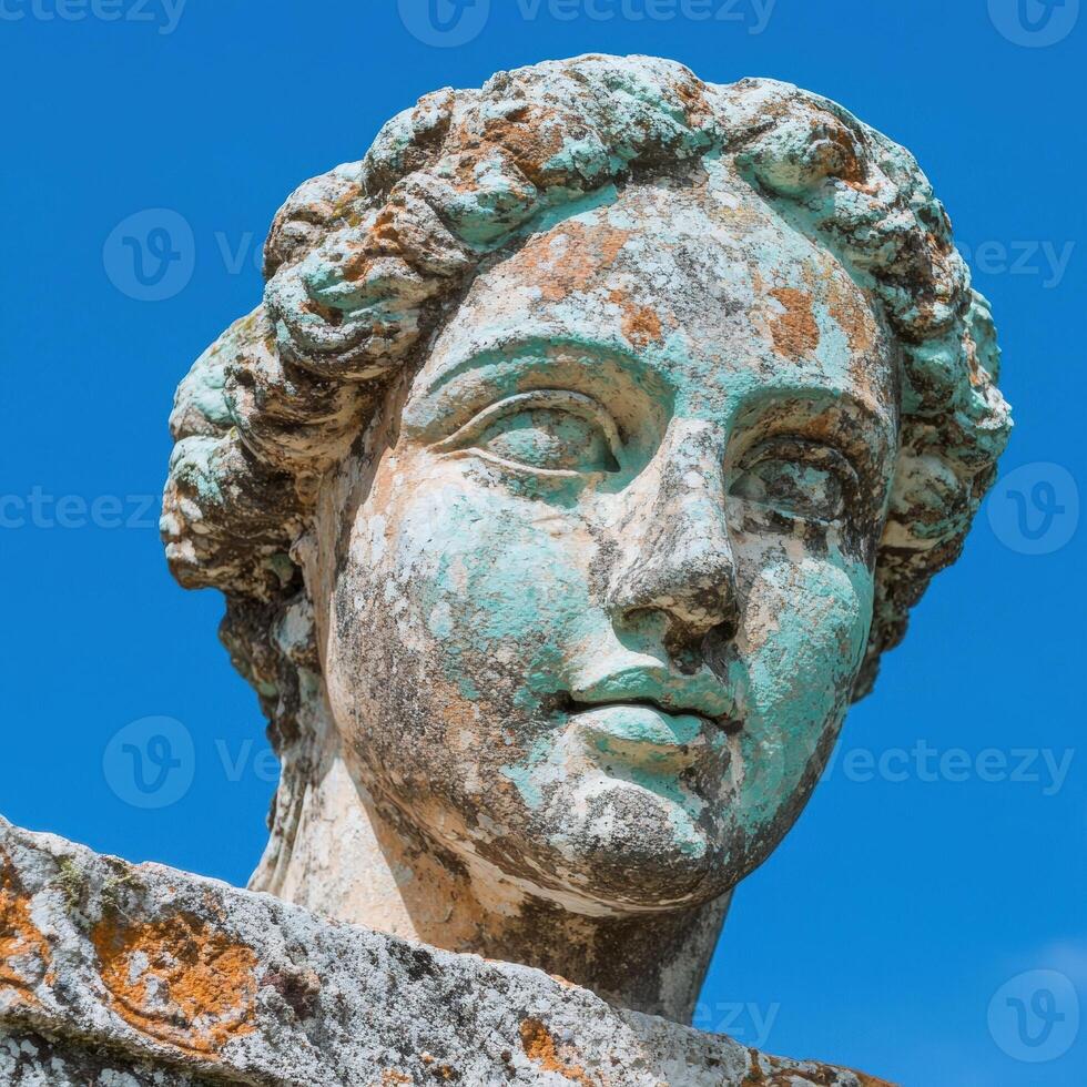 Close up of a weathered stone statue of a womans head against a clear blue sky photo