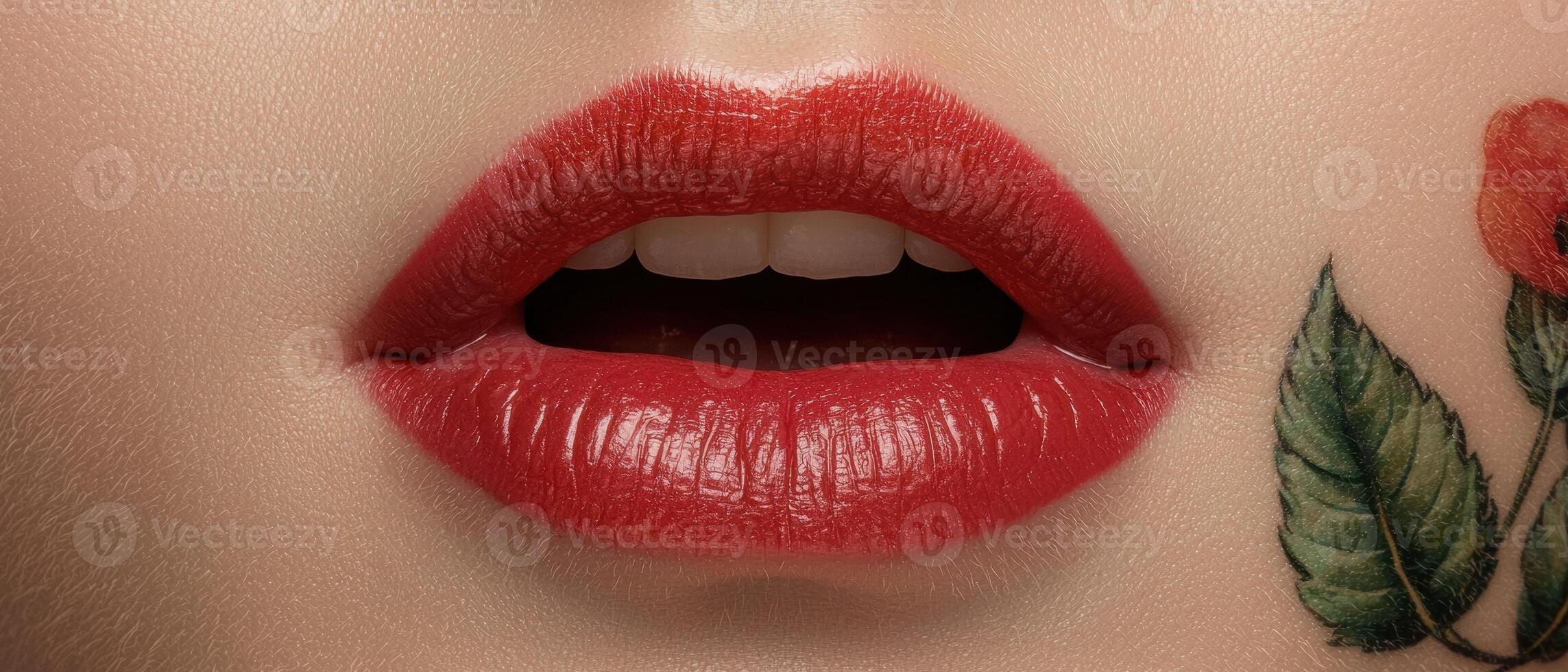 Closeup of womans lips with red lipstick and floral tattoo photo