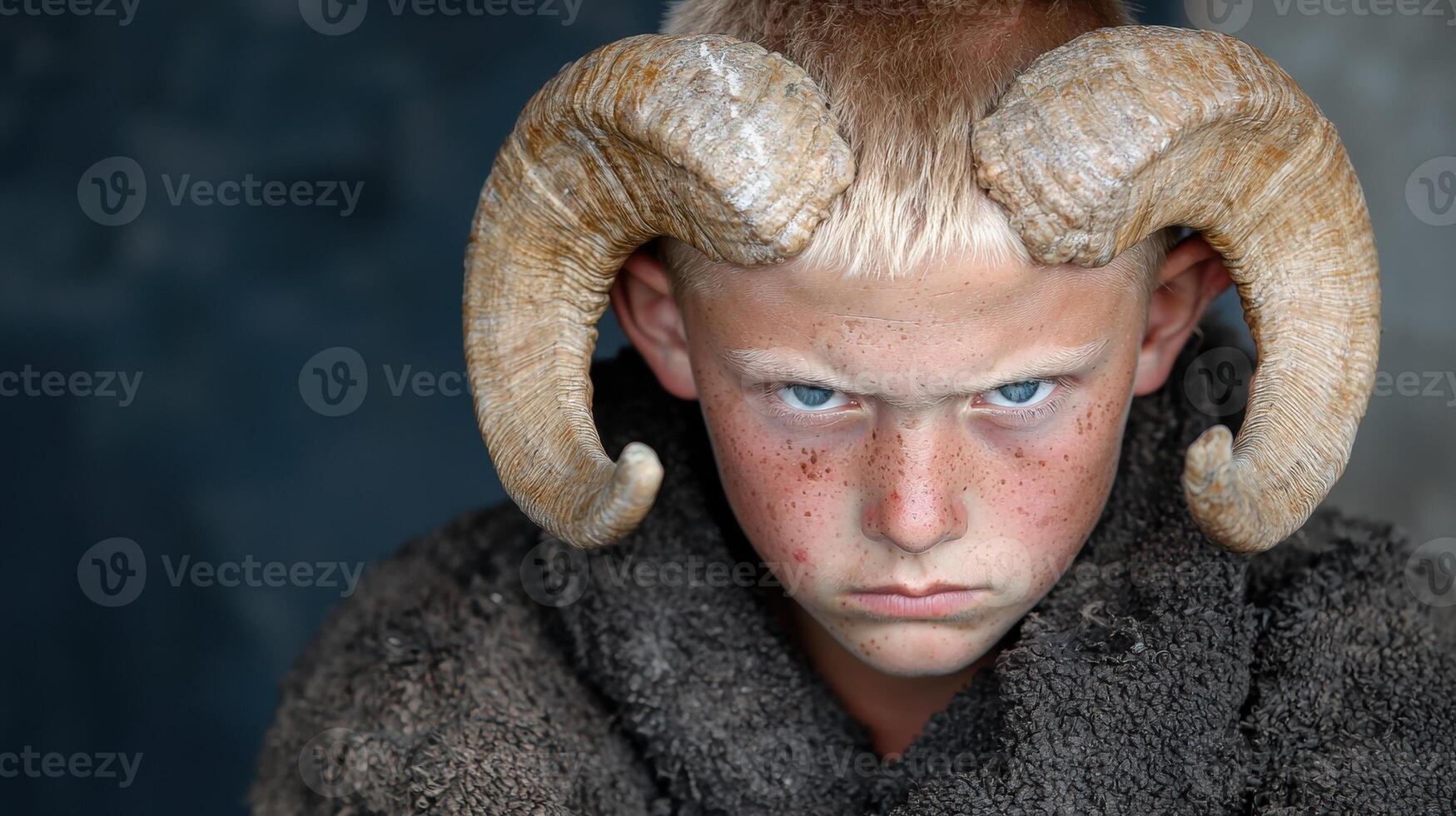 Portrait of a boy with ram horns, fantasy, mythology, costume photo