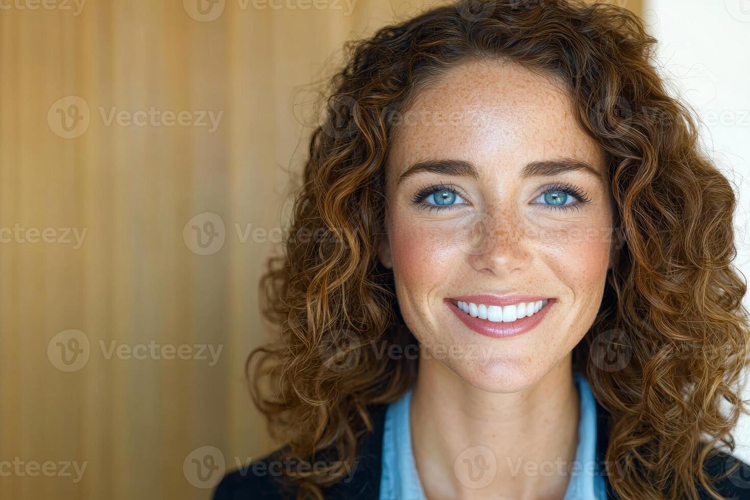 A close up portrait of a smiling woman with freckles and blue eyes photo