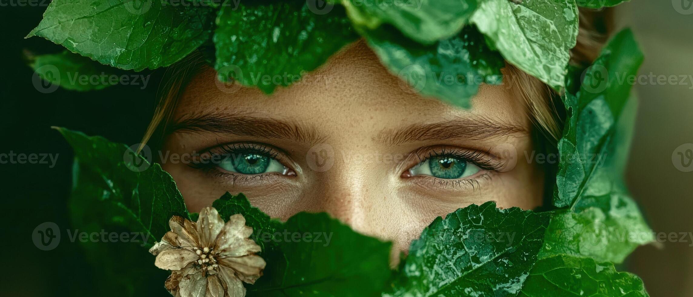 Womans face partially hidden behind lush green leaves and flowers photo