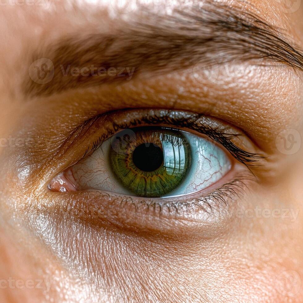 Close up of a human eye with green iris and reflection photo