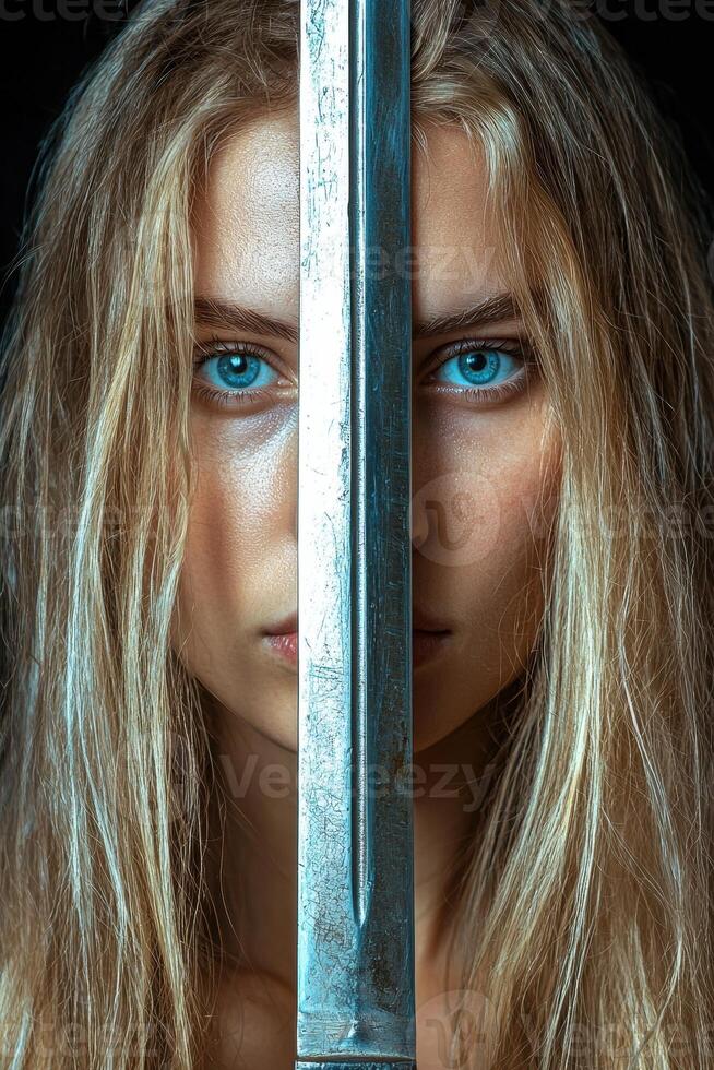 Close up portrait of a blonde woman with a sword, intense gaze, warrior woman, strong female photo