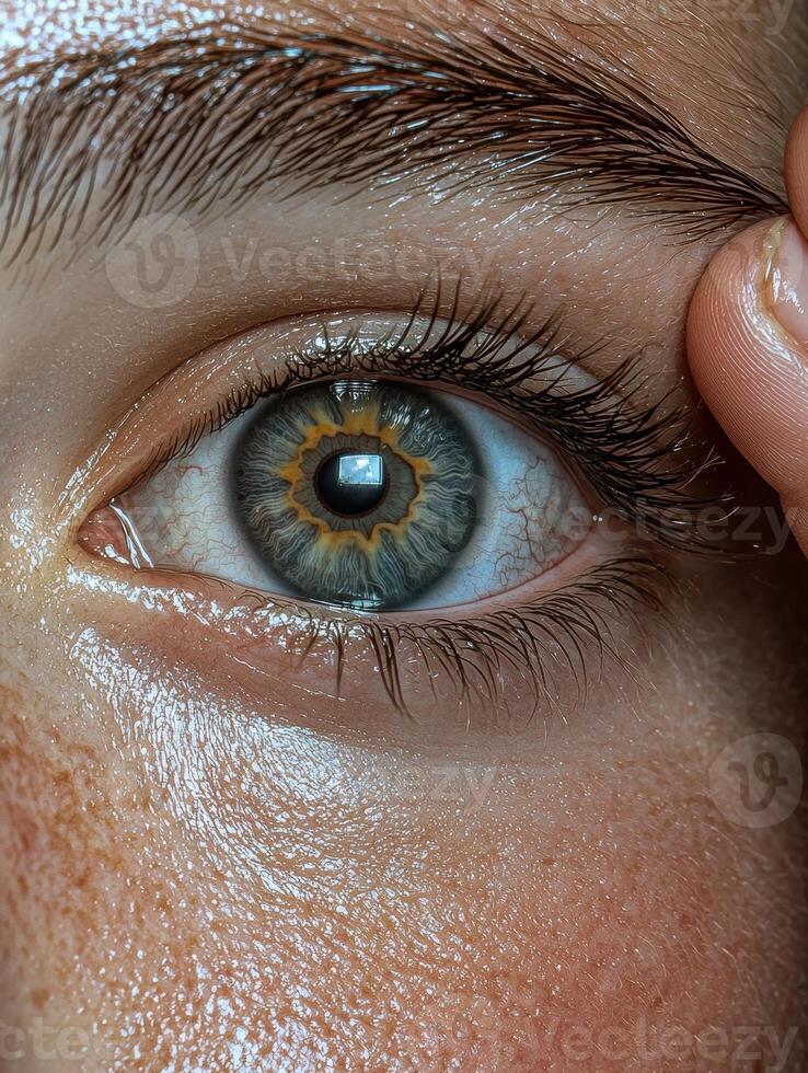Close up of a human eye with visible details of iris, pupil, and eyelashes photo