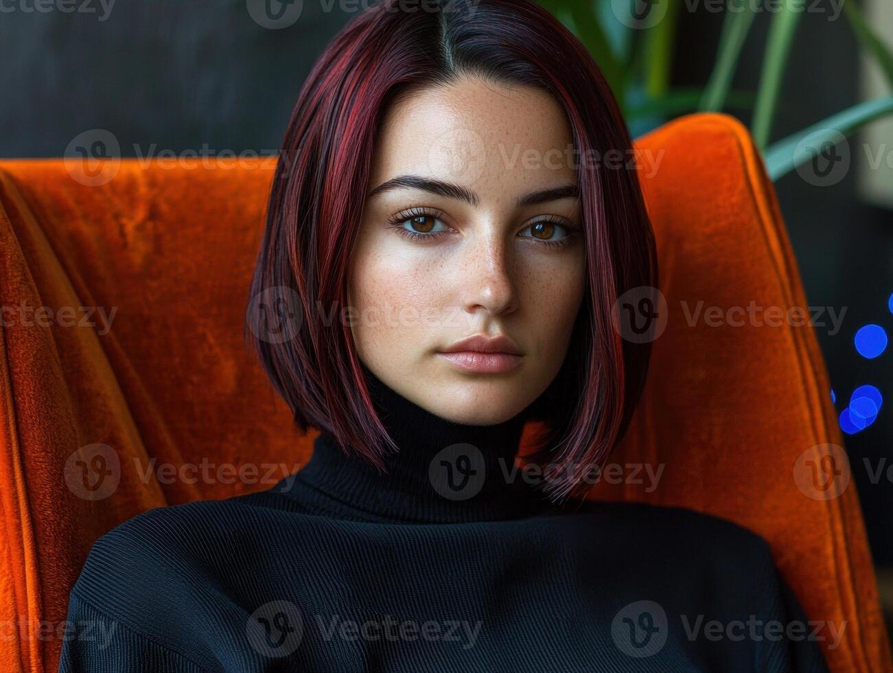 Portrait of a young woman with red hair sitting in an orange chair photo