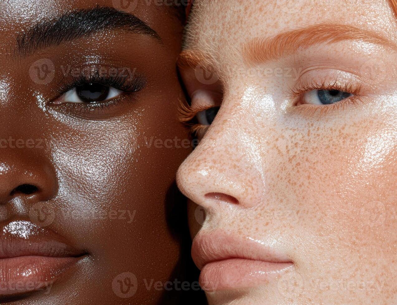 Close up of two womens faces, showcasing diverse skin tones and textures photo