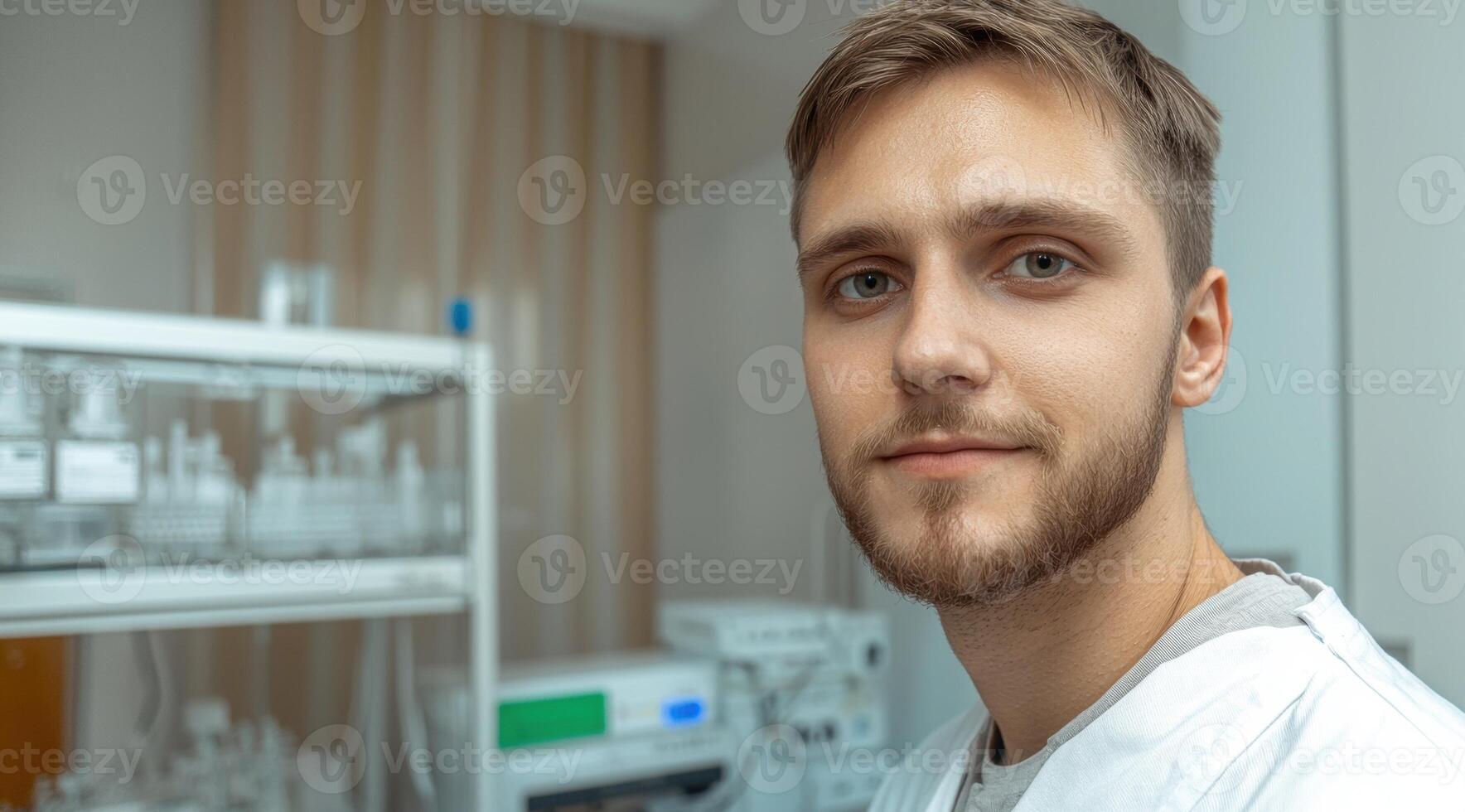 Portrait of a young male scientist in a lab coat, looking at the camera photo