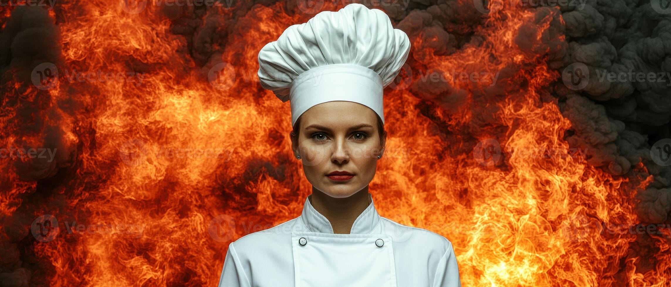 Confident female chef in front of a fiery background photo