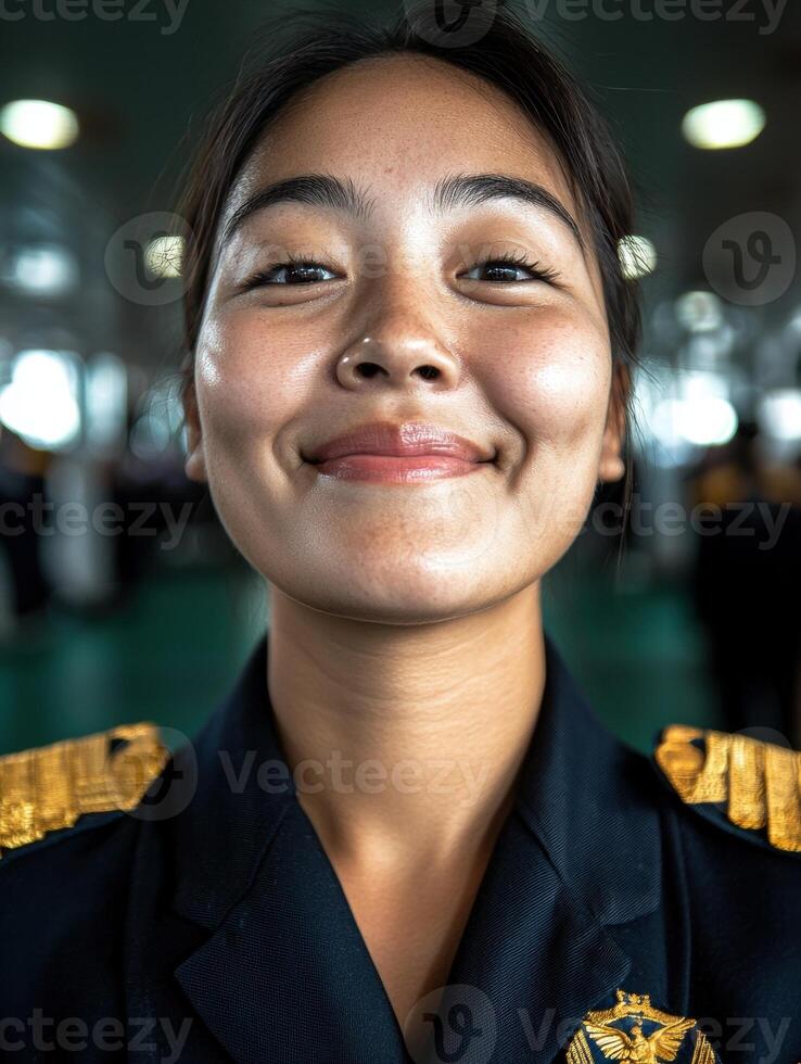 Portrait of a smiling female pilot in uniform photo
