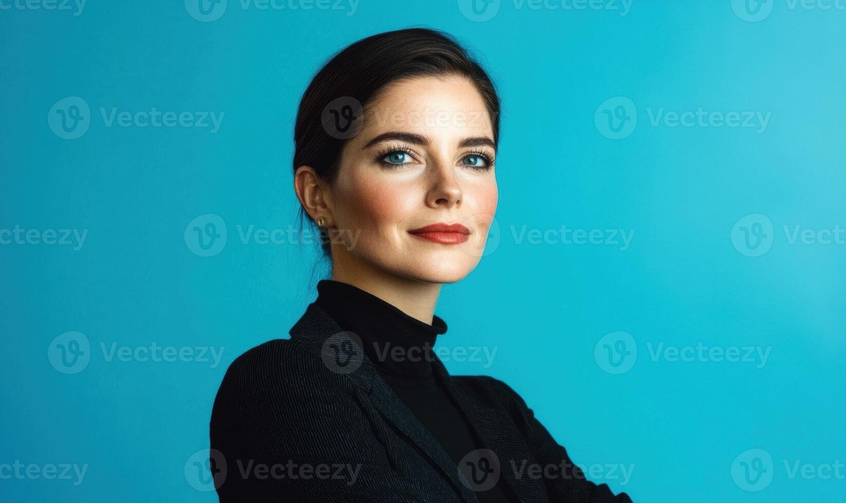 Confident businesswoman with arms crossed against a blue background photo