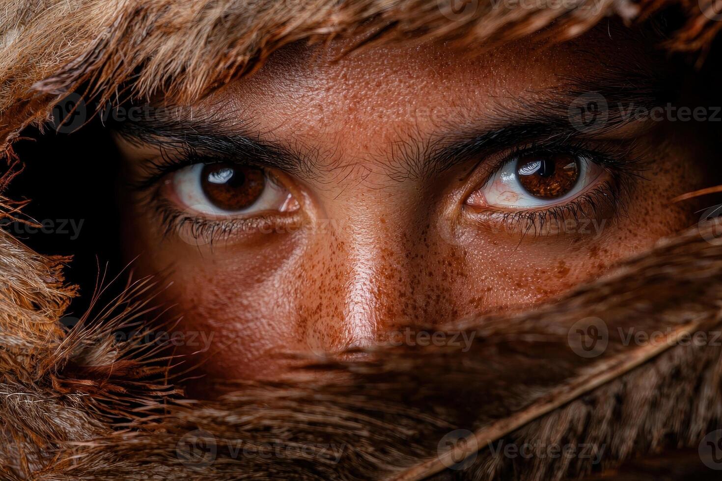 Close up portrait of a persons eyes peering from behind brown feathers photo