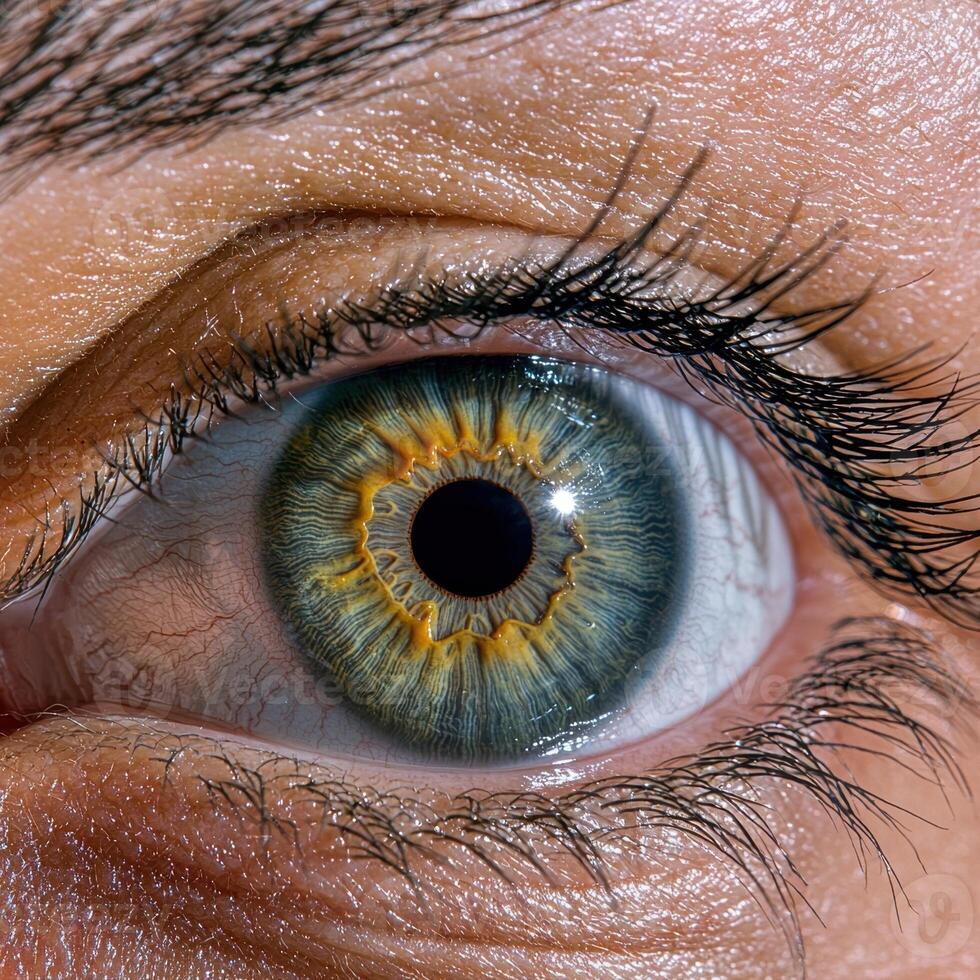 Close up of a human eye with green iris and long eyelashes photo