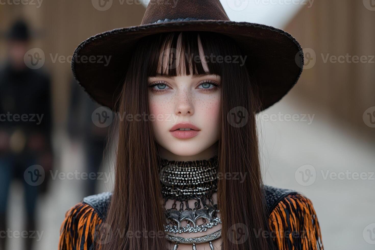 Portrait of a young woman with freckles wearing a brown hat and necklace photo