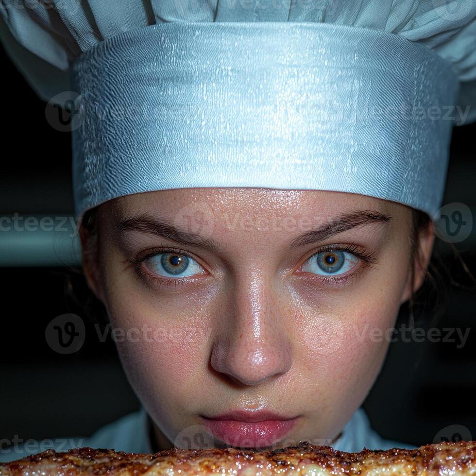 Close up portrait of a female chef with a serious expression, looking intensely at a grilled meat dish photo