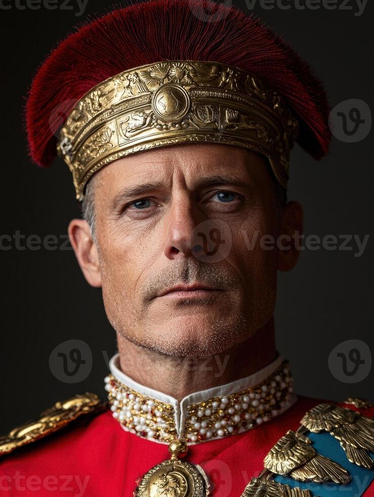 Portrait of a man in a red and gold Roman style costume photo