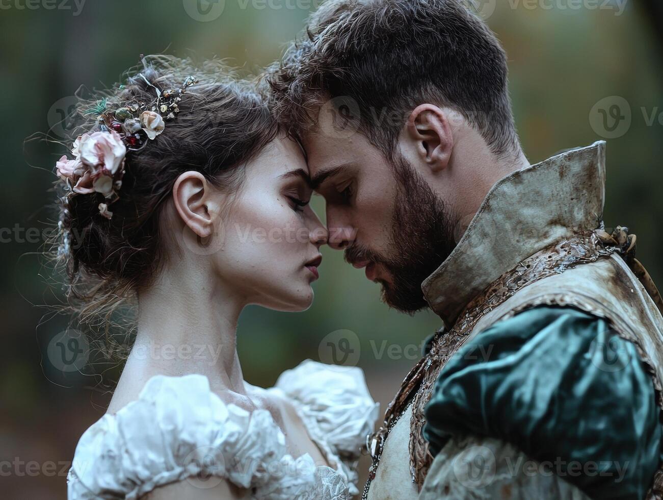 Romantic couple in medieval attire embracing in a forest photo