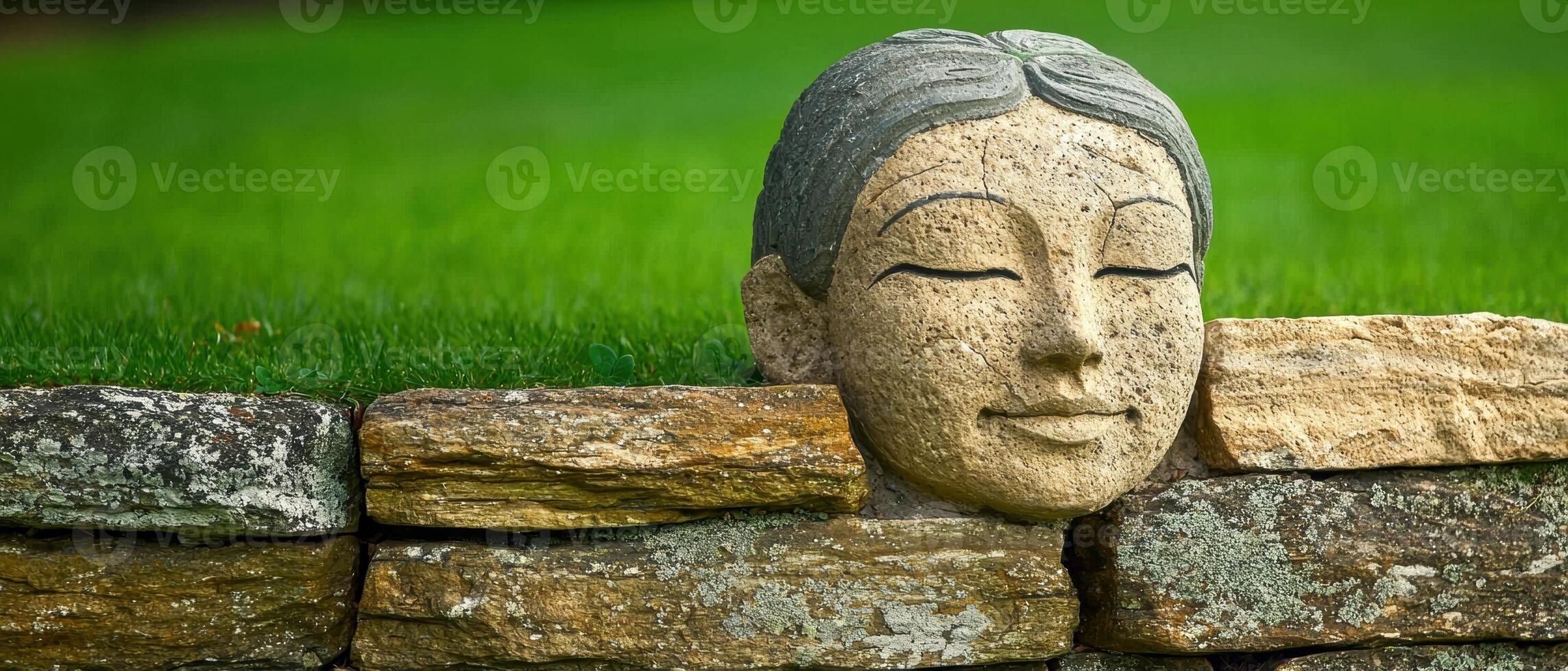 Stone Buddha head statue nestled in a rock wall, serene and peaceful garden decor photo