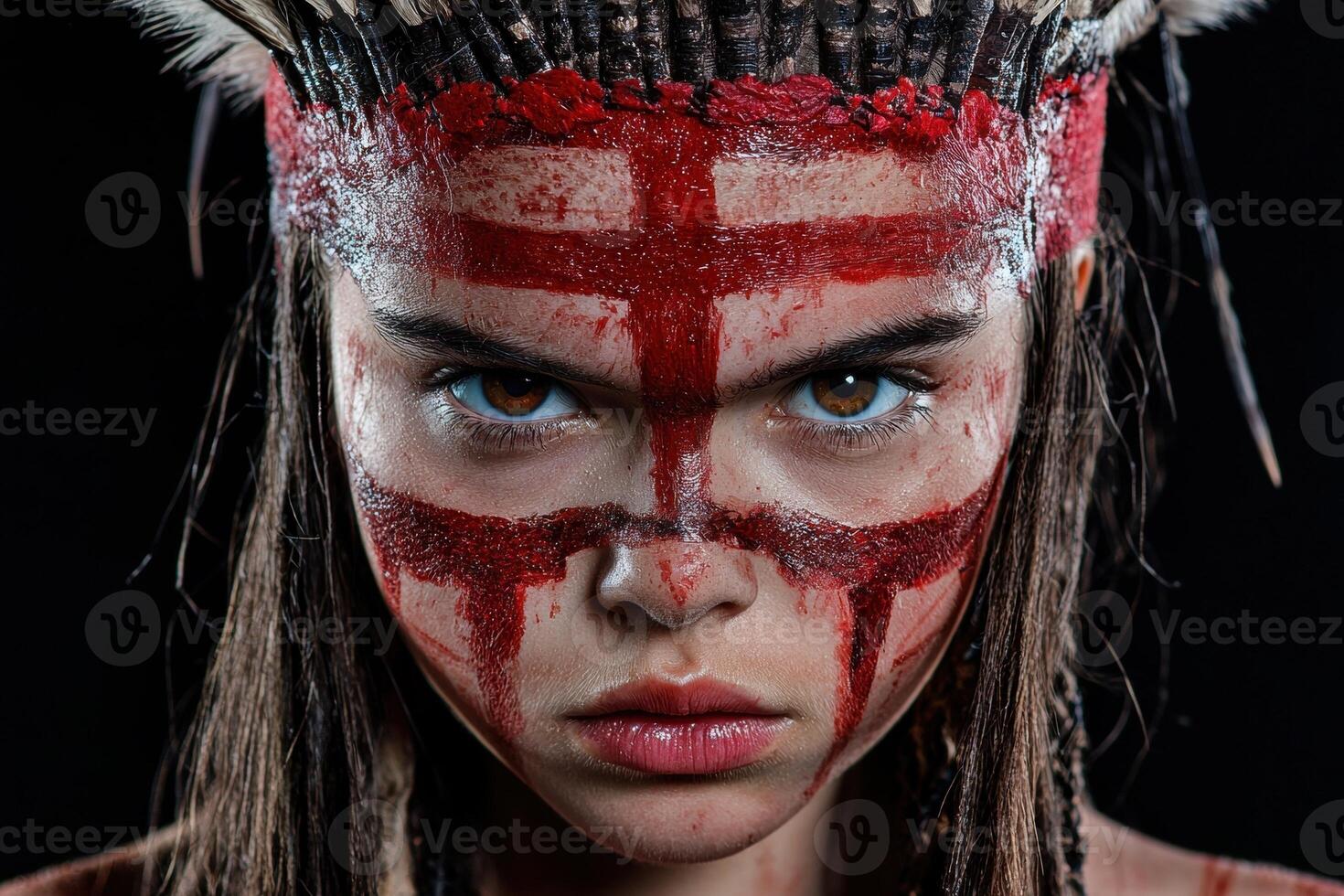 Close up portrait of a woman with red war paint on her face photo