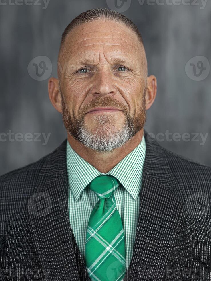 Portrait of a confident middle aged man in a suit and green tie photo