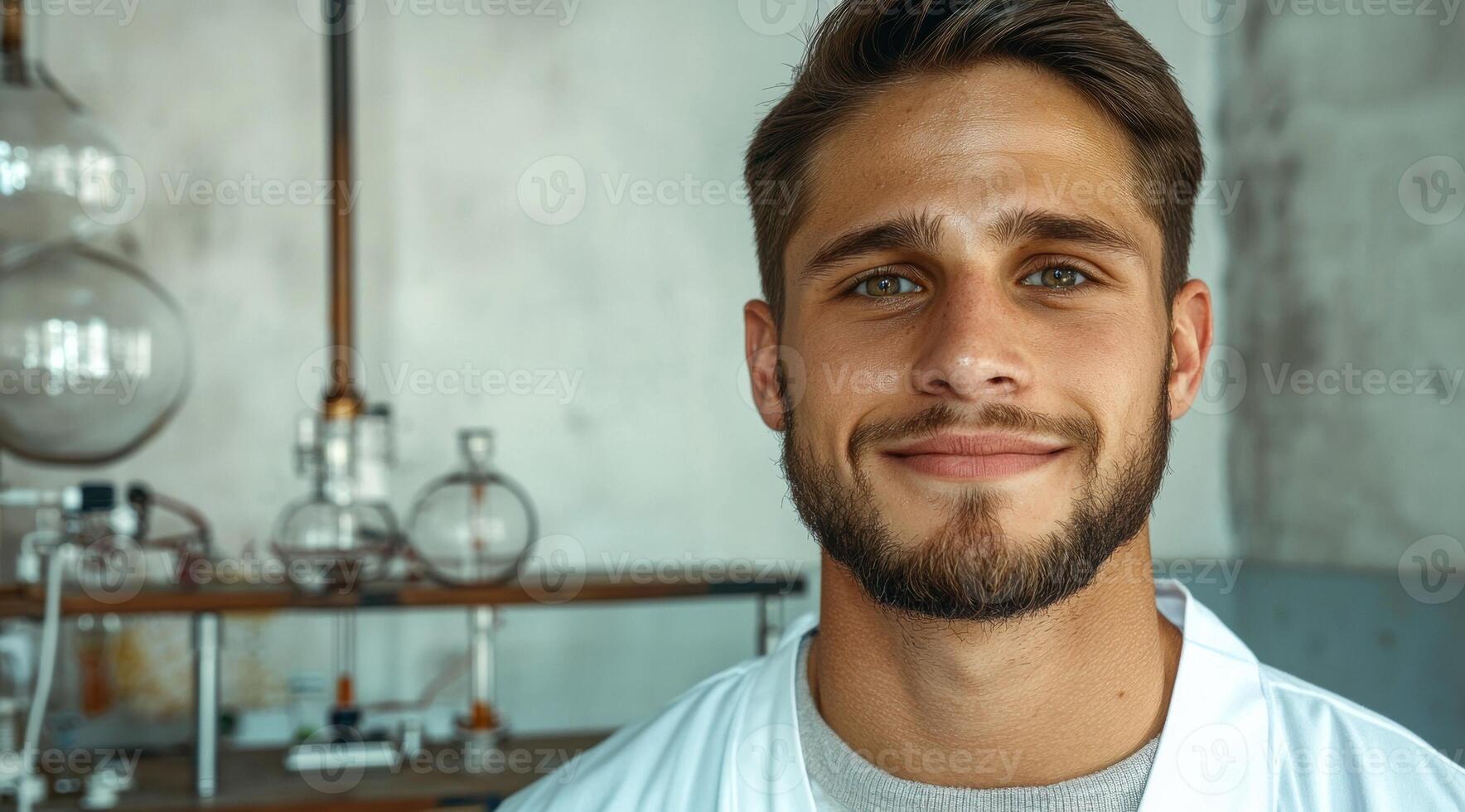 A portrait of a smiling scientist in a lab coat photo