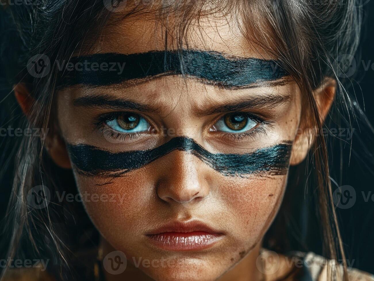 Close up portrait of a young girl with warrior paint on her face photo