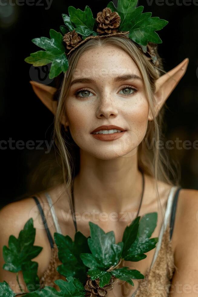 Portrait of a beautiful elf woman with a leaf crown photo